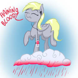 Size: 512x512 | Tagged: safe, artist:kozachokzrotom, derpy hooves, pegasus, pony, abstract background, blood, cloud, dancing, eyes closed, female, headphones, ipod, lyrics, mare, missing cutie mark, music, rain, raining blood, raised hoof, slayer, solo, speech, text