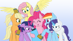 Size: 1920x1080 | Tagged: safe, artist:vanillaghosties, derpibooru import, applejack, fluttershy, pinkie pie, rainbow dash, rarity, twilight sparkle, twilight sparkle (alicorn), alicorn, earth pony, pegasus, pony, unicorn, alcohol, apple cider, drunk, drunk aj, drunk rarity, drunk twilight, drunker dash, drunkershy, drunkie pie, hat, mane six, missing accessory, party cannon, party hat, wine, wine glass