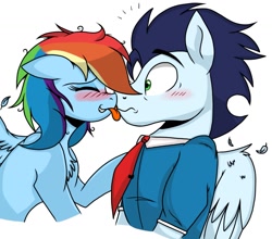 Size: 1647x1447 | Tagged: safe, artist:pimpartist101, derpibooru import, rainbow dash, soarin', pegasus, pony, blushing, clothes, face licking, floppy ears, licking, male, necktie, shipping, soarindash, straight, surprise lick, surprised, tongue out