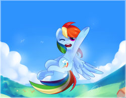 Size: 1024x797 | Tagged: safe, artist:fikakorv, rainbow dash, pegasus, pony, cloud, flying, house, solo, underhoof, waving, wink