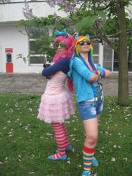 Size: 3000x4000 | Tagged: safe, artist:miraclevivi, artist:yokkishai, derpibooru import, pinkie pie, rainbow dash, human, 2013, clothes, comic con, cosplay, costume, irl, irl human, napoli comicon, photo, piccioni, rainbow socks, socks, striped socks, swag