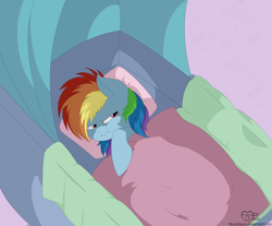 Size: 2560x2115 | Tagged: safe, artist:missydakota, derpibooru import, rainbow dash, pegasus, pony, blanket, cute, filly, filly rainbow dash, grumpy, solo, stroller