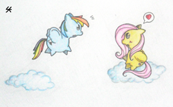 Size: 600x373 | Tagged: safe, artist:stellakris, fluttershy, rainbow dash, pegasus, pony, cute, female, flutterdash, lesbian, shipping