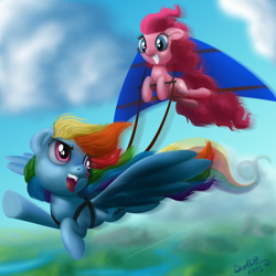 Size: 2000x2000 | Tagged: safe, artist:deathpwny, derpibooru import, pinkie pie, rainbow dash, earth pony, pegasus, pony, flying, hang gliding, kallisti, kite, riding, vertigo