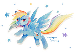 Size: 748x526 | Tagged: safe, artist:yuyani-sama, rainbow dash, pegasus, pony, pixiv, solo, traditional art, watercolor painting