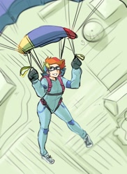 Size: 2853x3916 | Tagged: safe, artist:glacierclear, derpibooru import, rainbow dash, human, air ponyville, clothes, commission, flying, goggles, humanized, jumpsuit, looking up, midair, parachute, skydiving, solo