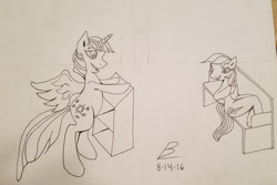 Size: 400x267 | Tagged: safe, artist:discerningdragon, derpibooru import, rainbow dash, twilight sparkle, twilight sparkle (alicorn), alicorn, pegasus, pony, monochrome, newbie artist training grounds, traditional art