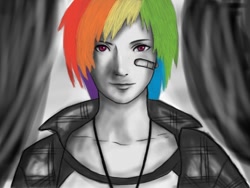 Size: 900x675 | Tagged: safe, artist:cyrix-s, rainbow dash, human, bandaid, clothes, humanized, jacket, solo