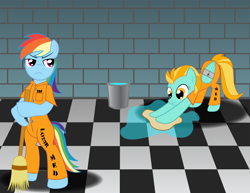 Size: 3000x2320 | Tagged: safe, artist:spellboundcanvas, derpibooru import, lightning dust, rainbow dash, pegasus, pony, broom, bucket, cleaning, clothes, iwtcird, meme, prison, prison outfit, prisoner rd