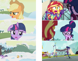 Size: 2776x2176 | Tagged: safe, derpibooru import, screencap, applejack, fluttershy, pinkie pie, rainbow dash, rarity, sci-twi, spike, spike the regular dog, sunset shimmer, twilight sparkle, dog, equestria girls, friendship games, winter wrap up, applejerk, comparison, crying, floppy ears, humane five, humane seven, humane six