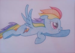 Size: 2972x2088 | Tagged: safe, artist:scalixcz, derpibooru import, rainbow dash, pegasus, pony, flying, newbie artist training grounds, solo, traditional art