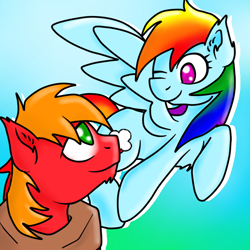 Size: 700x700 | Tagged: safe, artist:tomcolt15, big macintosh, rainbow dash, earth pony, pegasus, pony, flying, male, rainbowmac, shipping, smiling, stallion, straight, wink