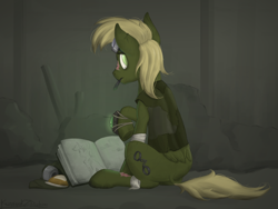 Size: 2980x2235 | Tagged: safe, artist:kozachokzrotom, oc, oc only, oc:murky, pegasus, pony, fallout equestria, fallout equestria: murky number seven, bandage, fanfic art, male, mouth hold, pipbuck, scar, sketchbook, solo