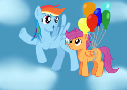 Size: 2336x1654 | Tagged: safe, artist:jbond, rainbow dash, scootaloo, pegasus, pony, balloon, female, mare, wings