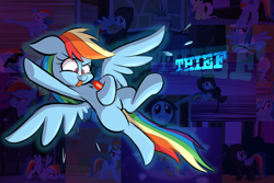 Size: 1280x853 | Tagged: safe, artist:heir-of-rick, derpibooru import, part of a set, rainbow dash, pegasus, pony, flying, jewel, leverage, solo, stealing, tongue out