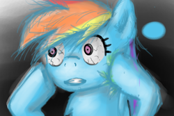 Size: 1500x1000 | Tagged: safe, artist:spriterjrda, rainbow dash, pegasus, pony, bloodshot eyes, blue coat, female, mare, multicolored mane, solo