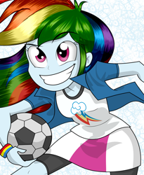 Size: 1024x1247 | Tagged: safe, artist:alligatorgummy, artist:lunchie, derpibooru import, rainbow dash, equestria girls, rainbow rocks, clothes, compression shorts, credits, football, shine like rainbows, shorts, skirt, solo, updated