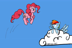 Size: 5208x3502 | Tagged: safe, artist:angelic-hikaru, derpibooru import, pinkie pie, rainbow dash, earth pony, pegasus, pony, absurd resolution, cloud, jumping, markers, newbie artist training grounds, photoshop, traditional art