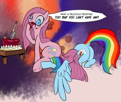 Size: 2475x2079 | Tagged: safe, artist:pencils, derpibooru import, pinkie pie, rainbow dash, earth pony, pegasus, pony, party of one, asshat, cake, candy, dialogue, dock, facesitting, female, food, knife, licking, lollipop, looking down, mare, not blood, pinkamena diane pie, pinned, plot, sitting, sitting on head, sitting on pony, speech bubble, table, tongue out, underhoof