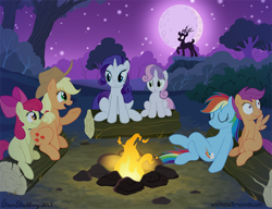 Size: 940x722 | Tagged: safe, artist:brianblackberry, derpibooru import, apple bloom, applejack, rainbow dash, rarity, scootaloo, sweetie belle, deer, earth pony, pegasus, pony, unicorn, sleepless in ponyville, campfire, scene interpretation, silhouette, whitetail woods