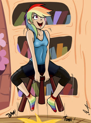 Size: 1148x1544 | Tagged: safe, artist:frankaraya, rainbow dash, human, testing testing 1-2-3, bouncing, clothes, happy, humanized, missing shoes, rainbow socks, scene interpretation, socks, solo, stooldash, striped socks, tanktop