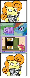 Size: 520x1328 | Tagged: safe, artist:muffinexplosion, apple bloom, carrot top, golden harvest, rainbow dash, earth pony, pegasus, pony, accepted meme that never ends, apple closet, exploitable meme, female, frown, hoof hold, it begins, meme, meme origin, memeception, newspaper meme, obligatory pony, simple background, smiling, the meme that never ends, tv meme