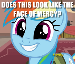 Size: 562x484 | Tagged: safe, derpibooru import, edit, edited screencap, screencap, rainbow dash, pegasus, pony, stranger than fan fiction, caption, discovery family logo, face of mercy, faic, image macro, meme, solo, wide eyes