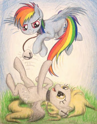 Size: 1060x1356 | Tagged: safe, artist:thefriendlyelephant, derpibooru import, derpy hooves, rainbow dash, pegasus, pony, 2tailedderpy is trying to murder us, behaving like a cat, bells, collar, commission, cute, dashabetes, derpabetes, filly, grass, thefriendlyelephant is trying to murder us, traditional art