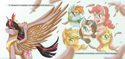 Size: 1280x603 | Tagged: safe, artist:inuhoshi-to-darkpen, derpibooru import, applejack, fluttershy, pinkie pie, rainbow dash, rarity, twilight sparkle, twilight sparkle (alicorn), alicorn, earth pony, pegasus, pony, unicorn, female, immortality blues, mare