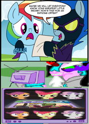 Size: 574x794 | Tagged: safe, apple bloom, carrot top, golden harvest, rainbow dash, scootaloo, sweetie belle, pegasus, pony, accepted meme that never ends, apple closet, clothes, costume, exploitable meme, meme, memeception, newspaper headline, obligatory pony, shadowbolts, shadowbolts costume, the meme that never ends, theater meme, tiara ultima, tv meme