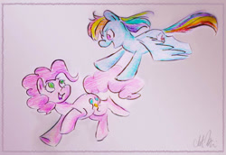 Size: 708x488 | Tagged: safe, artist:romaniz, derpibooru import, pinkie pie, rainbow dash, earth pony, pegasus, pony, female, mare, traditional art