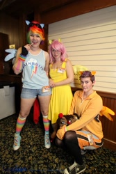 Size: 1366x2048 | Tagged: safe, fluttershy, rainbow dash, scootaloo, human, cosplay, goggles, irl, irl human, photo