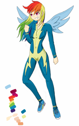 Size: 1000x1600 | Tagged: safe, artist:shyvent, rainbow dash, human, clothes, humanized, shoes, simple background, solo, winged humanization, wings, wonderbolts uniform