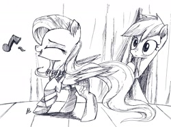 Size: 2722x2026 | Tagged: safe, artist:navigatoralligator, fluttershy, rainbow dash, pegasus, pony, blushing, clothes, eyes closed, female, flutterdash, lesbian, monochrome, open mouth, raised hoof, shipping, singing, smiling, traditional art, watching