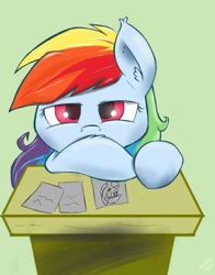 Size: 762x974 | Tagged: safe, artist:macheteponies, rainbow dash, pegasus, pony, atryl-ish, bored, class, desk, paper, solo, style emulation