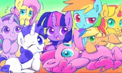 Size: 512x308 | Tagged: safe, artist:naginiko, derpibooru import, applejack, fluttershy, pinkie pie, rainbow dash, rarity, starlight glimmer, sunset shimmer, twilight sparkle, twilight sparkle (alicorn), alicorn, earth pony, pegasus, pony, unicorn, cute, dashabetes, diapinkes, glimmerbetes, jackabetes, mane six, raribetes, shimmerbetes, shyabetes, twiabetes, twilight's counterparts