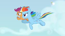 Size: 1024x576 | Tagged: safe, artist:raindashesp, derpibooru import, derpy hooves, rainbow dash, scootaloo, pegasus, pony, female, mare, scootaloo can fly, scootalove