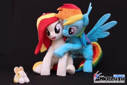 Size: 1200x800 | Tagged: safe, artist:nekokevin, rainbow dash, oc, oc:poniko, earth pony, pegasus, pony, rabbit, duo, female, irl, mare, open mouth, photo, plushie, pointing, raised hoof, smiling, spread wings, underhoof, wings