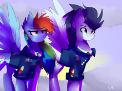 Size: 1024x768 | Tagged: dead source, safe, artist:animelabg, rainbow dash, soarin', pegasus, pony, clothes, female, male, shipping, smiling, soarindash, spread wings, straight, uniform, wonderbolts, wonderbolts uniform