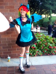 Size: 768x1024 | Tagged: safe, artist:destinycosplay, rainbow dash, human, 2013, anime weekend atlanta, apron, clothes, convention, cosplay, cupcake, irl, irl human, maid, photo, rainbow dash always dresses in style, solo