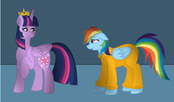 Size: 1024x604 | Tagged: safe, artist:fra-chan-18, derpibooru import, rainbow dash, twilight sparkle, twilight sparkle (alicorn), alicorn, pegasus, pony, clothes, prison outfit, prisoner rd, sad, smug, tyrant sparkle