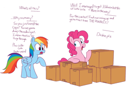 Size: 1128x772 | Tagged: safe, artist:lance, derpibooru import, pinkie pie, rainbow dash, earth pony, pegasus, pony, boxes, coca-cola, female, mare, open mouth, ponyacci, raised hoof, simple background, this will end in tears, white background