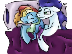 Size: 1024x768 | Tagged: safe, artist:neonspirit17, derpibooru import, rainbow dash, soarin', pegasus, pony, bed, cuddling, male, shipping, snuggling, soarindash, spooning, straight