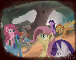 Size: 2048x1610 | Tagged: safe, artist:obsequiosity, derpibooru import, applejack, fluttershy, pinkie pie, rainbow dash, rarity, twilight sparkle, earth pony, pegasus, pony, snake, unicorn, forest, mane six