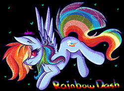 Size: 2652x1942 | Tagged: safe, artist:ashee, derpibooru import, rainbow dash, pegasus, pony, black background, glitter, hair over one eye, simple background, solo