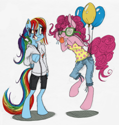 Size: 800x840 | Tagged: safe, artist:xenon, derpibooru import, pinkie pie, rainbow dash, earth pony, pegasus, pony, semi-anthro, arm hooves, balloon, bipedal, clothes, earring, groucho mask, ponytail, silly, silly pony, tongue out