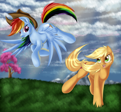 Size: 2700x2500 | Tagged: safe, artist:ac-whiteraven, derpibooru import, applejack, rainbow dash, earth pony, pegasus, pony, accessory swap, appledash, female, lesbian, shipping