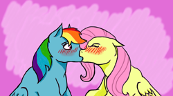 Size: 920x511 | Tagged: safe, artist:hakuisthebest, fluttershy, rainbow dash, pegasus, pony, blushing, female, flutterdash, kissing, lesbian, shipping