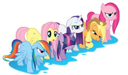 Size: 7363x4339 | Tagged: safe, artist:tabby444, derpibooru import, applejack, fluttershy, pinkie pie, rainbow dash, rarity, twilight sparkle, earth pony, pegasus, pony, unicorn, friendship is magic, absurd resolution, angry, bangs, cute, floppy ears, frown, glare, hair over eyes, line-up, mane six, open mouth, pouting, puddle, simple background, transparent background, unamused, vector, water, weapons-grade cute, wet, wet mane, wet mane rarity