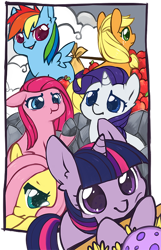 Size: 500x774 | Tagged: safe, artist:mousu, derpibooru import, applejack, fluttershy, pinkie pie, rainbow dash, rarity, spike, twilight sparkle, dragon, earth pony, pegasus, pony, unicorn, egg, filly, mane seven, mane six, pinkamena diane pie, younger